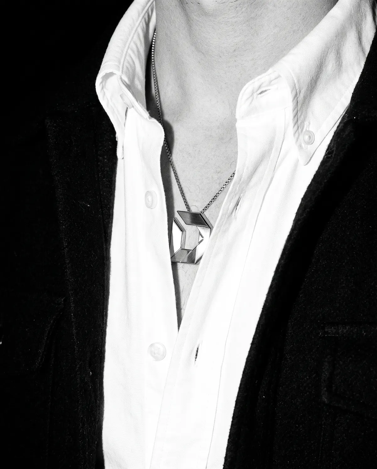 Close up of the d pendant: under the collar, in stainless steel.