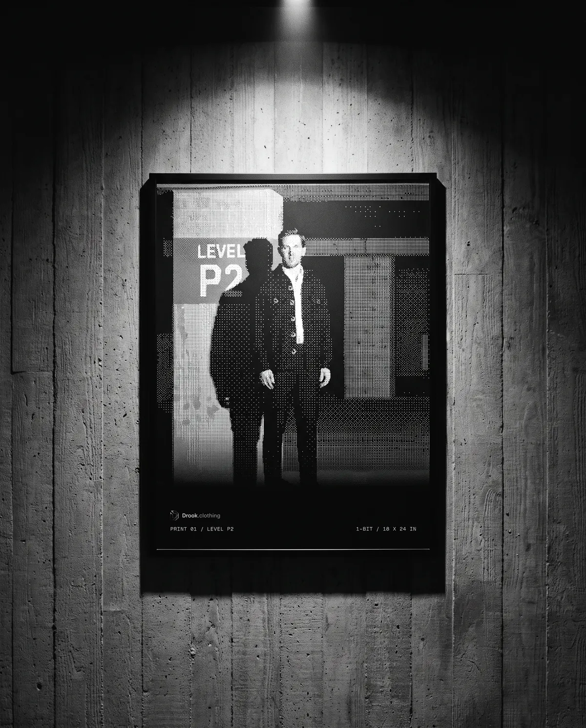 Print 01: Level P2, framed on a concrete wall.