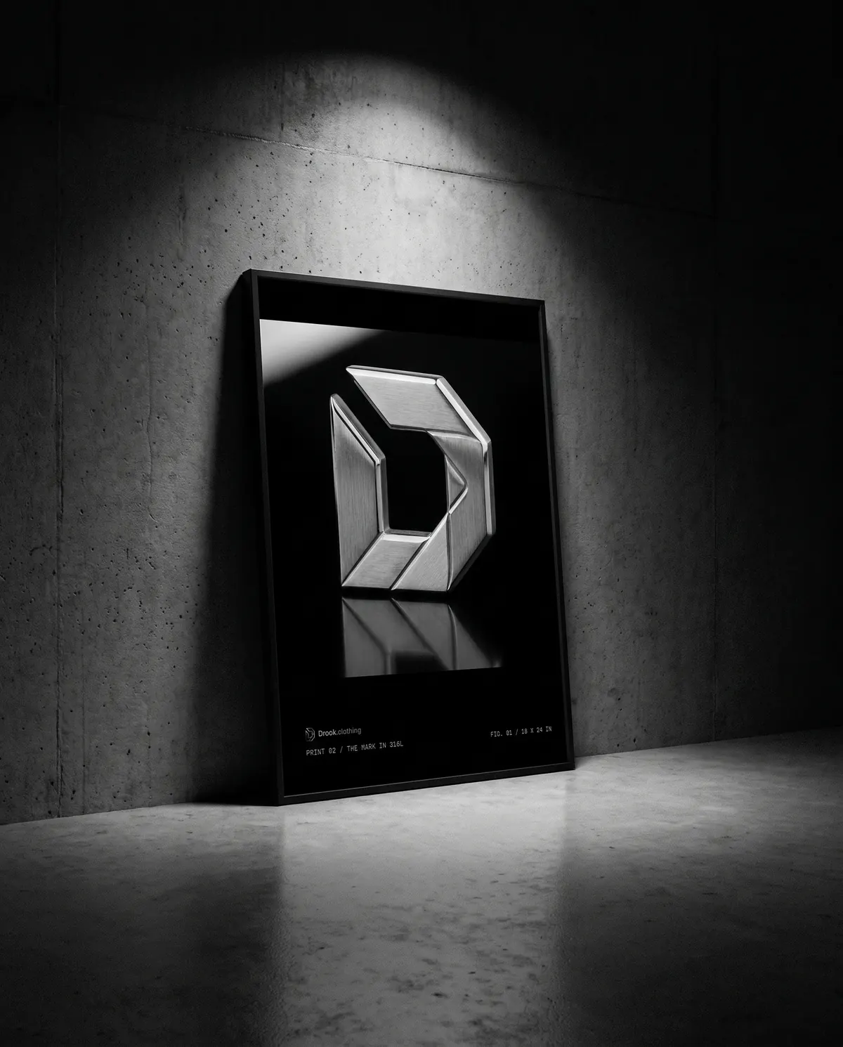Print 02: The Mark, framed on a concrete wall.