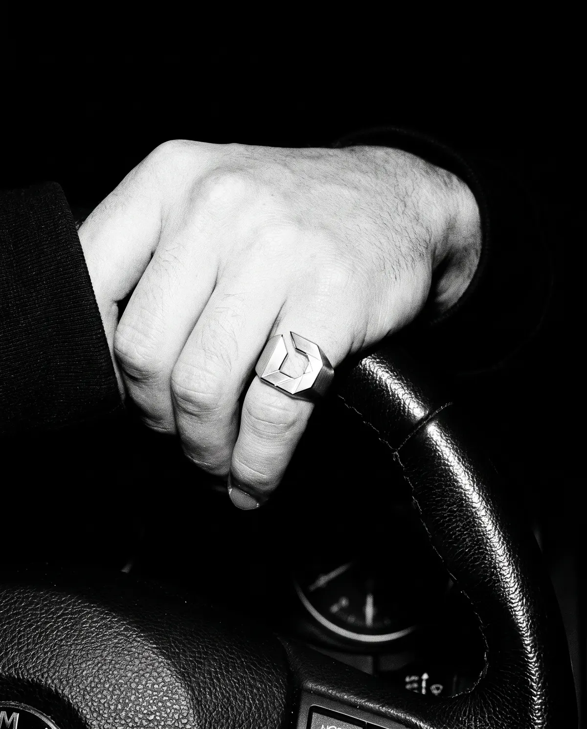 Close up of the signet ring: the face, in stainless steel.